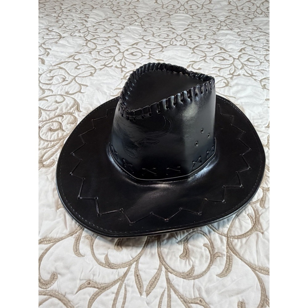 Black Leather Western Cowboy Hat Stitched Wide Brim Unisex Adjustable Halloween